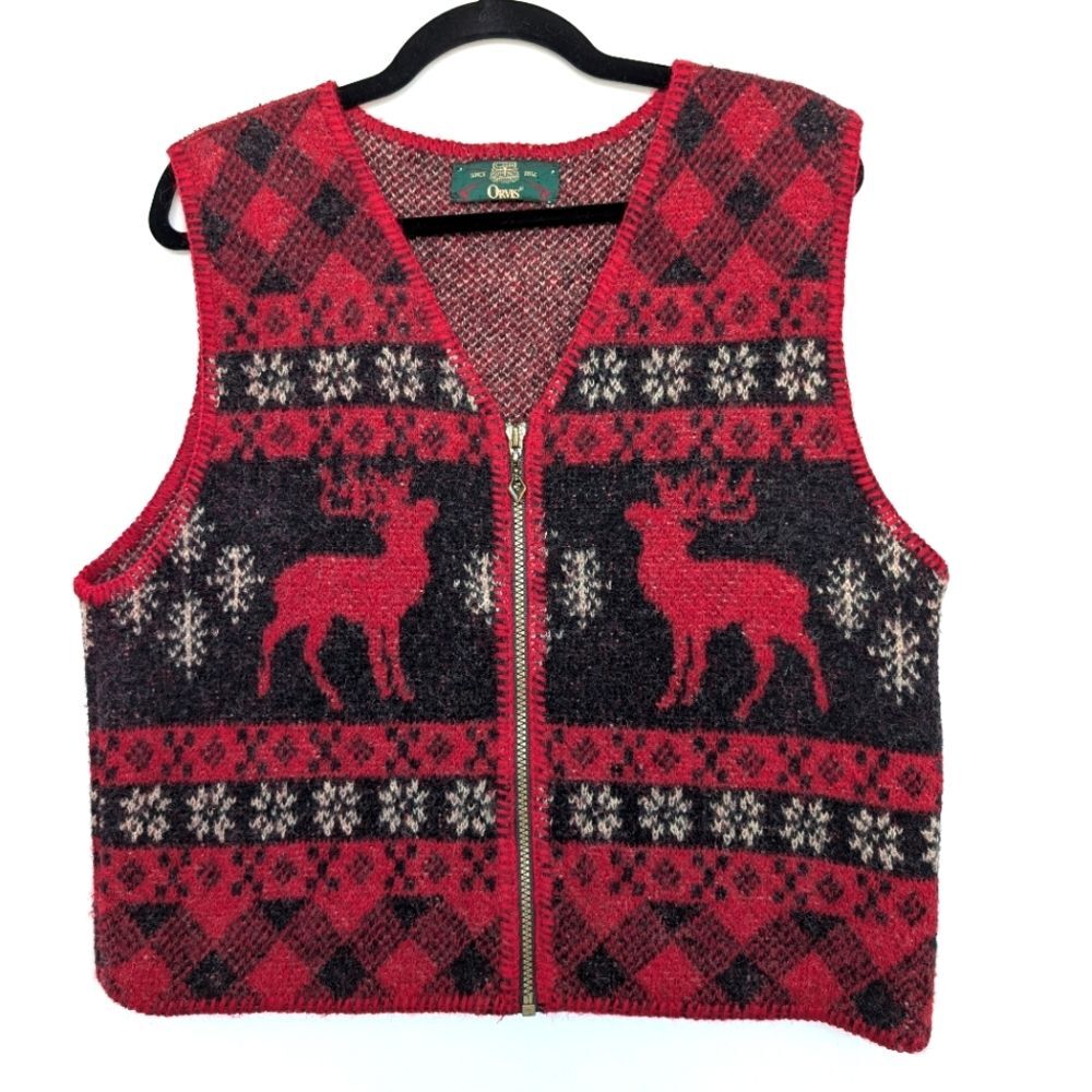 Vintage Orvis 100% Wool Reindeer Holiday Festive Front Zip Vest Made in USA